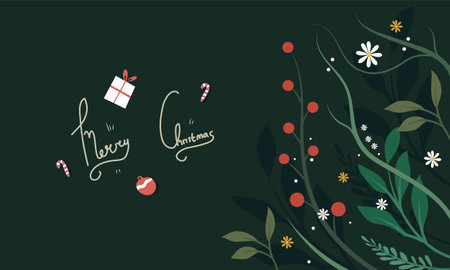 Christmas card with floral elements on dark green background. Vector illustration.のイラスト素材