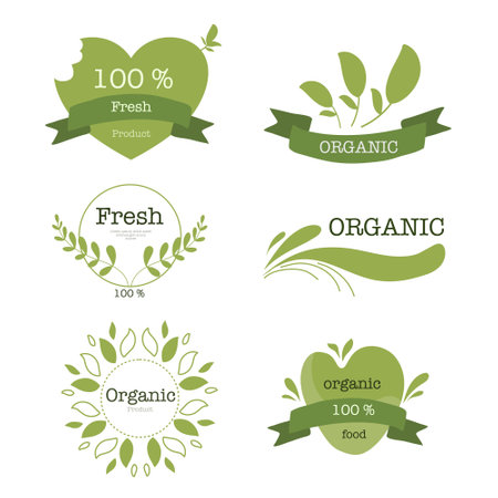 Organic product labels and badges set. Vector illustration for natural food packaging.のイラスト素材