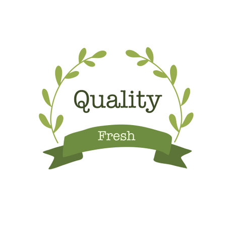 Natural product label with green leaves and ribbon. Vector design element.のイラスト素材