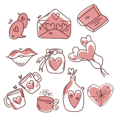 Valentine's day doodle icons set. Hand drawn vector illustrationのイラスト素材