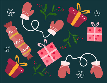 Set of cute christmas elements. Vector illustration in flat style.のイラスト素材