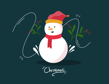 Cute snowman with red hat and scarf. Vector illustration.のイラスト素材