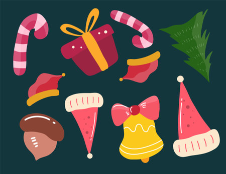 Christmas decorative with funny Santa Claus, tree, and gift boxes and many others for merry christmas eventのイラスト素材