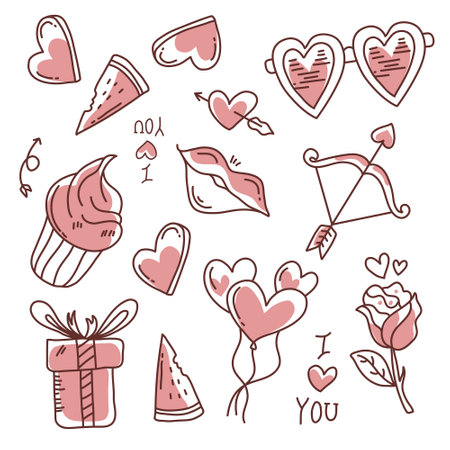 Valentine's Day doodle icons set. Hand drawn vector illustrationのイラスト素材