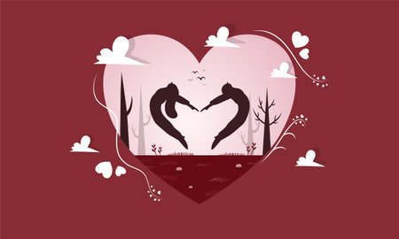valentine's day vector background with heart and fox silhouettesのイラスト素材