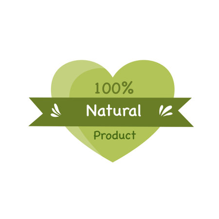 100% natural product label in heart shape with ribbon. Vector illustration.のイラスト素材