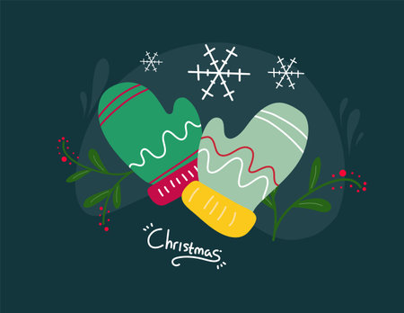 Vector illustration of Christmas mittens on dark background with snowflakes.のイラスト素材