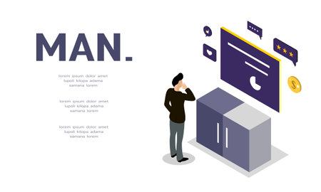 Isometric landing page template with a man talking on the phone.のイラスト素材