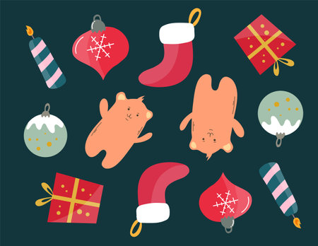 Christmas decorative with funny Santa Claus, tree, and gift boxes and many others for merry christmas eventのイラスト素材