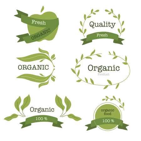 Organic product labels with green leaves and ribbon. Vector illustration.のイラスト素材