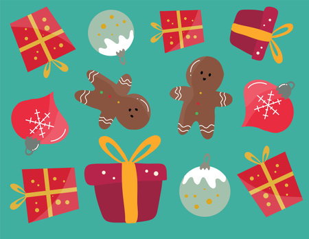 Gingerbread cookies, christmas tree, snowflake, gift box, candy cane. Vector illustration.のイラスト素材