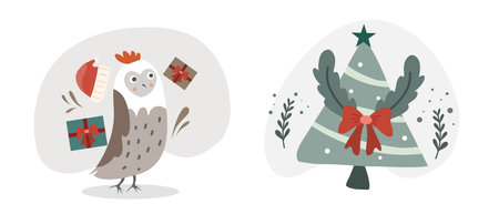 Vector illustration of christmas elements. Cute hand drawn bird and christmas tree.のイラスト素材