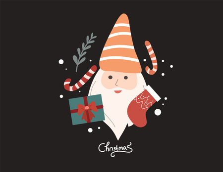 Christmas greeting card with cute gnome. Hand drawn vector illustration.のイラスト素材
