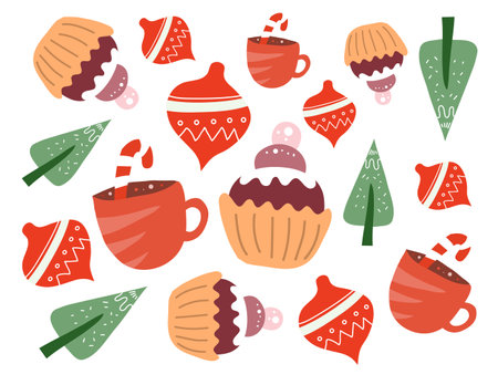 Cupcakes and mugs with christmas ornaments. Vector illustrationのイラスト素材