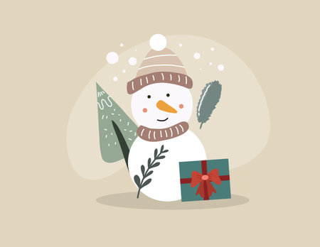 Snowman with gift box. Christmas and New Year vector illustration.のイラスト素材