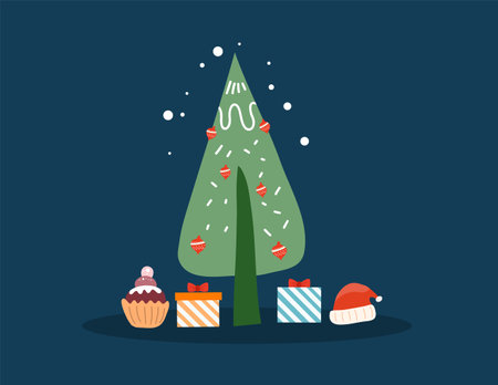 Christmas tree with gifts. Flat design vector illustration on blue background.のイラスト素材