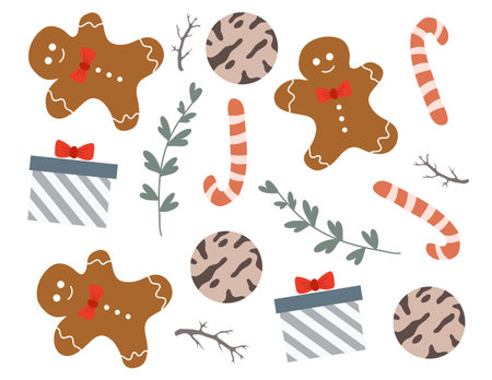 Set of Christmas gingerbread cookies on white background. Vector illustration.のイラスト素材