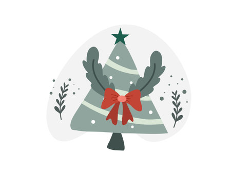 Christmas tree with a red bow. Vector illustration in flat style.のイラスト素材
