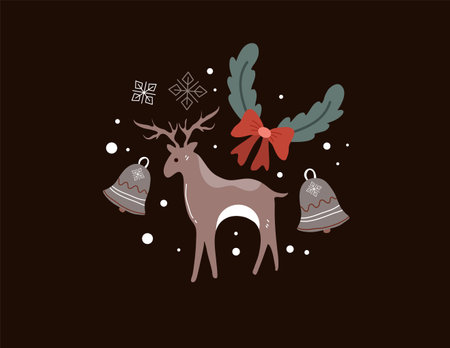 Christmas greeting card with deer and bells. Hand drawn vector illustration.のイラスト素材