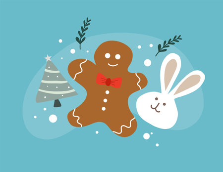 Vector illustration of gingerbread man and bunny with christmas tree on blue backgroundのイラスト素材