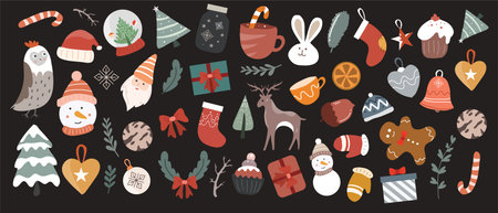 Christmas and New Year hand drawn vector doodle elements. Collection of Christmas ornaments.のイラスト素材