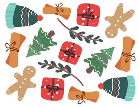 Christmas and New Year set. Hand drawn vector illustration. Flat design.のイラスト素材
