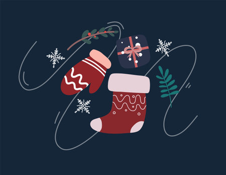 Vector illustration of Christmas sock with gifts and snowflakes on black backgroundのイラスト素材