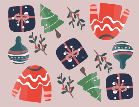 Set of Christmas and New Year elements. Vector illustration in flat style.のイラスト素材