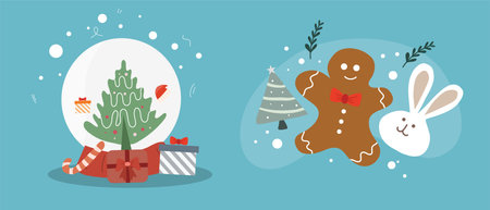 Christmas and New Year vector illustration with gingerbread man and snow globe.のイラスト素材