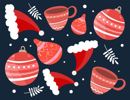 Cute Christmas and New Year background with red balls. Vector illustration.のイラスト素材