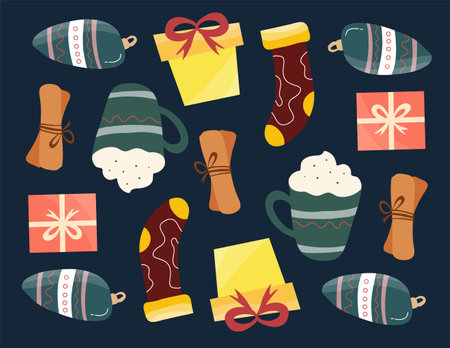 Cute Christmas and New Year elements. Vector illustration in flat style.のイラスト素材