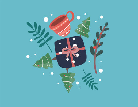 Christmas gift box with a bow and a cup of coffee. Vector illustration.のイラスト素材