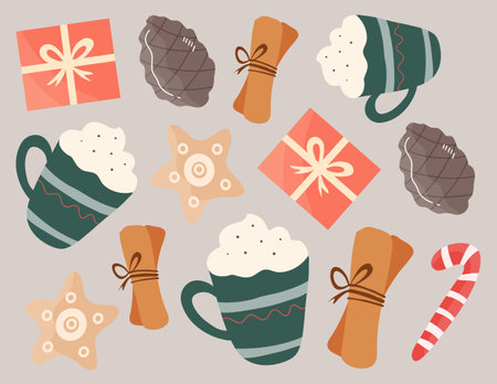 Mug of hot drink, gingerbread cookies, gift box, candy cane, christmas sock. Vector illustration.のイラスト素材