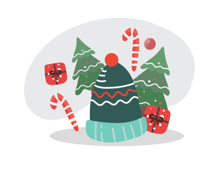 Christmas vector illustration with Santa Claus hat, candy cane, fir trees and gifts.のイラスト素材