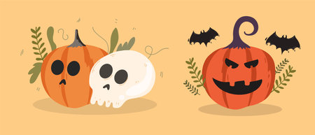 Halloween pumpkins with scary faces and leaves. Vector illustration.のイラスト素材