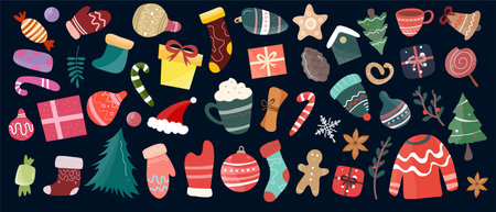 Set of Christmas and New Year elements. Vector illustration in cartoon style.のイラスト素材