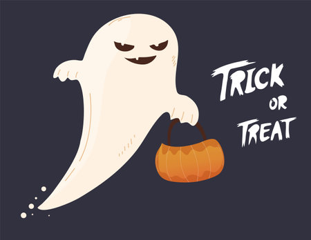 Vector illustration of a white ghost with a basket and text Trick or Treat.のイラスト素材