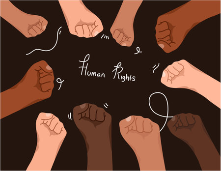 Hands of different ethnicities. Human rights. Vector illustration.のイラスト素材