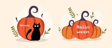Halloween pumpkins with black cat. Vector illustration in flat styleのイラスト素材