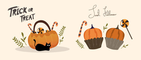 Halloween vector illustration. Cute cartoon pumpkins, candy canes, black cat and lettering Trick or Treat.のイラスト素材