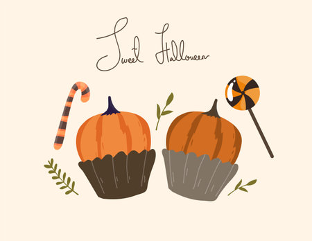 Cute Halloween card with pumpkin and candy canes. Vector illustration.のイラスト素材