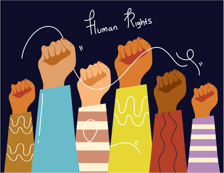 Raised hands of women. Human rights concept. Vector illustration.のイラスト素材