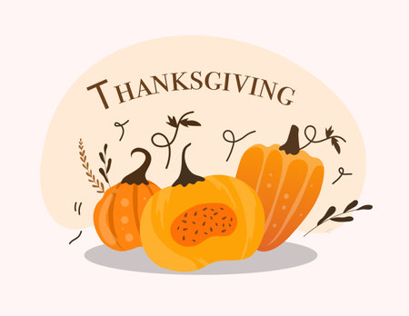 Thanksgiving greeting card with pumpkins and leaves. Vector illustration.のイラスト素材