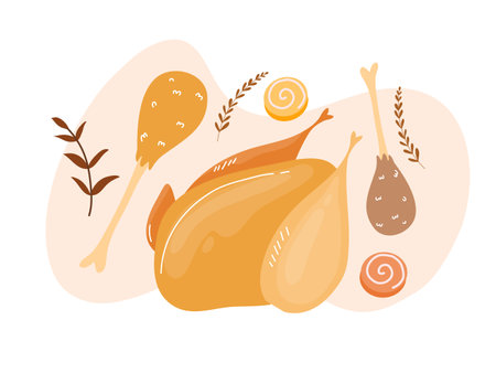 Roast chicken. Cute hand drawn vector illustration in cartoon style.のイラスト素材