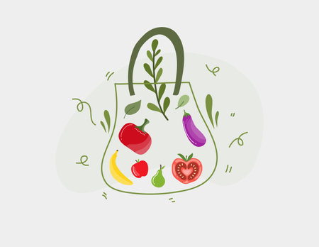 Fruits and vegetables in a reusable eco bag. Vector illustration.のイラスト素材