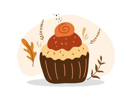 Cupcake with cream and poppy seeds. Vector illustration in flat styleのイラスト素材