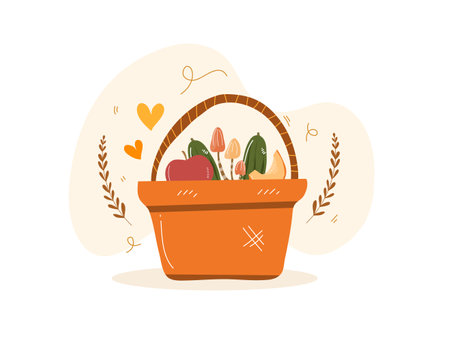 Easter basket with eggs, carrots and tulips. Flat vector illustration.のイラスト素材