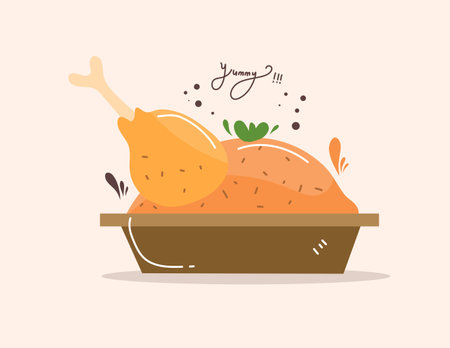 Roast chicken vector illustration in flat design style. Food background.のイラスト素材