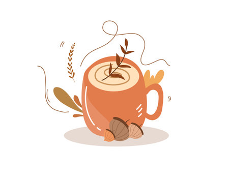 Cup of coffee with cinnamon and nuts. Hand drawn vector illustration.のイラスト素材