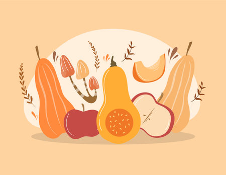Fruits and vegetables. Vector illustration in flat style. Autumn harvest.のイラスト素材